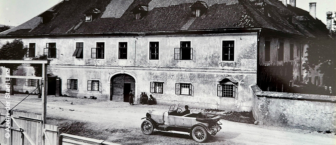 Historische Ansicht des Posthof-Gebäudes am Linzer Hafen